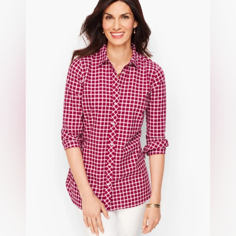 Talbots Gingham Shirt 1X Woodland Berry Button Down Long Sleeve Cotton Classic